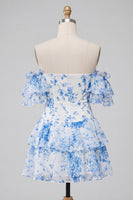 Laden Sie das Bild in den Galerie-Viewer, A-Linie blaues, schulterloses, gestuftes, florales Homecoming-Kleid