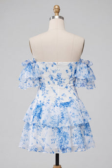 A-Linie Bblaues Schulterloses Gestuftes Florales Kurzes Abendkleid