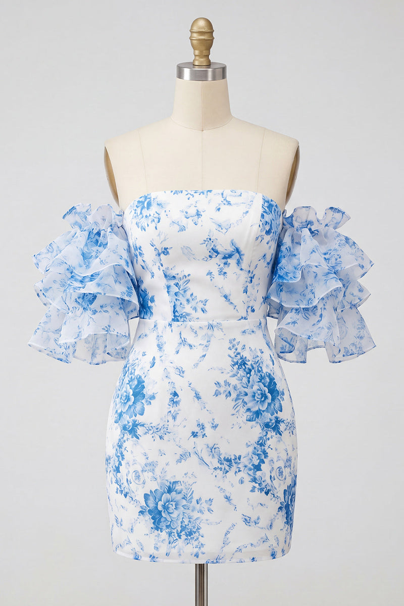 Laden Sie das Bild in den Galerie-Viewer, Blaues, schulterfreies, florales Bodycon-Homecoming-Kleid