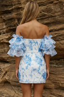 Laden Sie das Bild in den Galerie-Viewer, Blaues, schulterfreies, florales Bodycon-Homecoming-Kleid