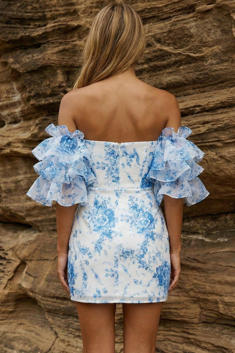 Laden Sie das Bild in den Galerie-Viewer, Blaues, schulterfreies, florales Bodycon-Homecoming-Kleid