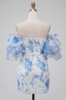 Laden Sie das Bild in den Galerie-Viewer, Blaues, schulterfreies, florales Bodycon-Homecoming-Kleid