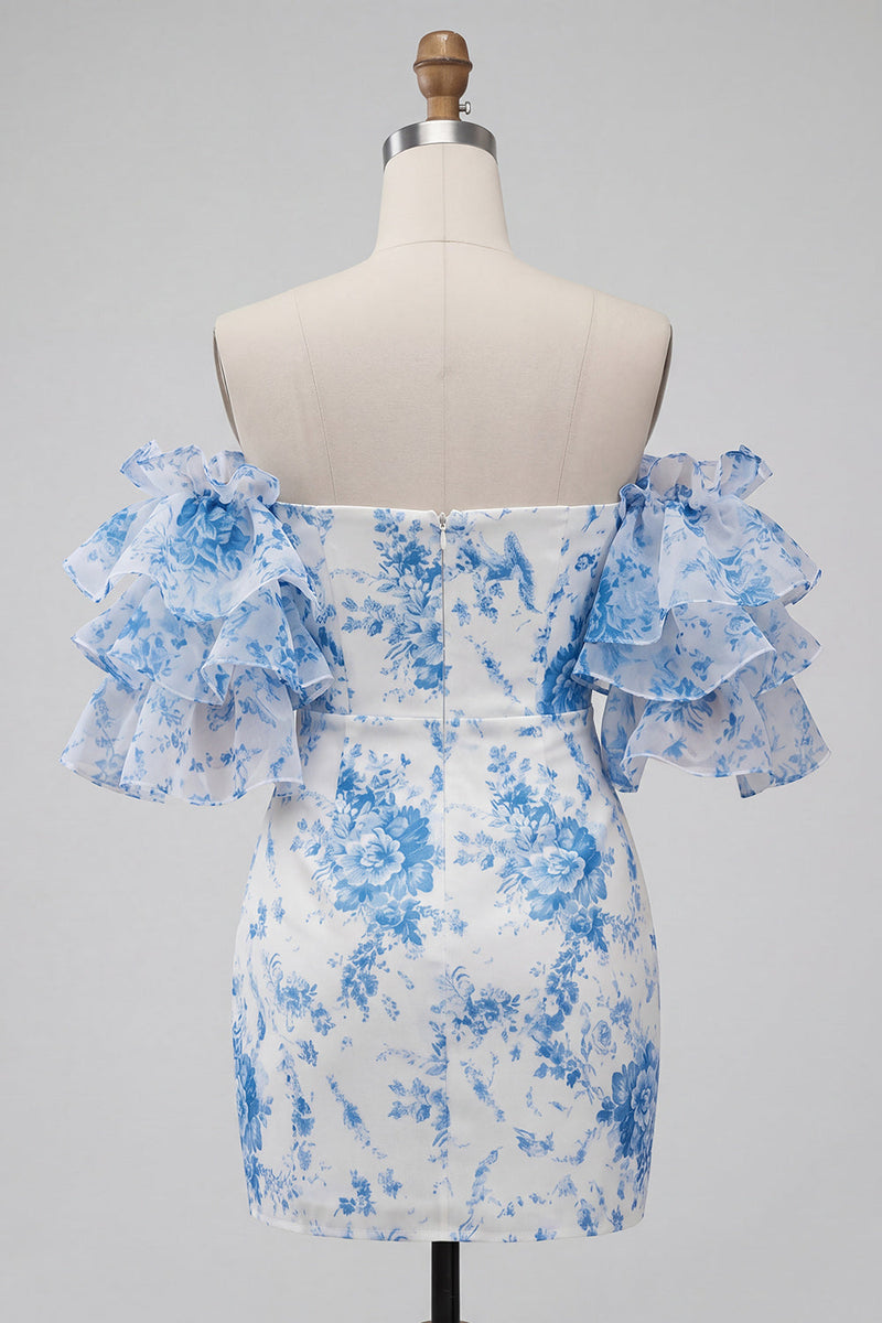 Laden Sie das Bild in den Galerie-Viewer, Blaues, schulterfreies, florales Bodycon-Homecoming-Kleid