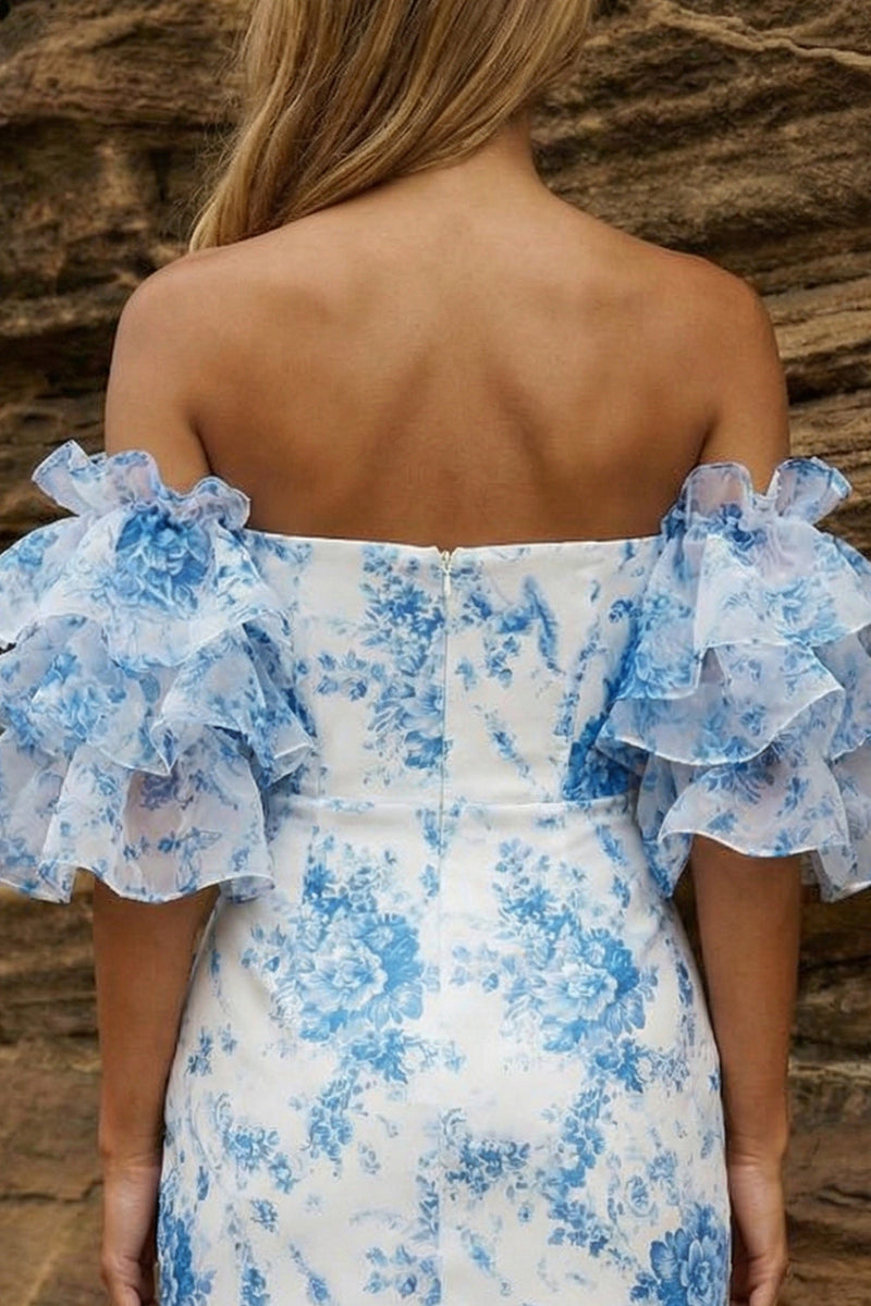 Laden Sie das Bild in den Galerie-Viewer, Blaues, schulterfreies, florales Bodycon-Homecoming-Kleid