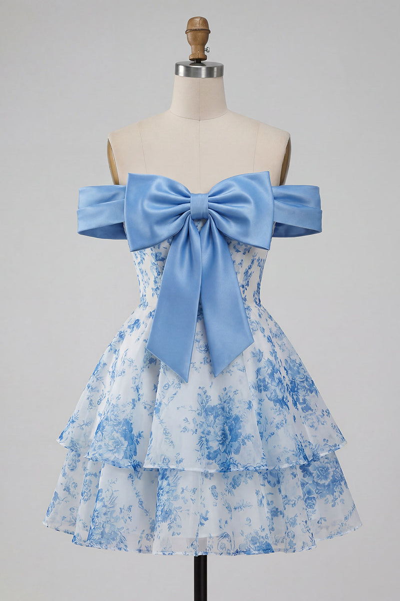 Laden Sie das Bild in den Galerie-Viewer, Blaues A-Linien-Off-the-shoulder florales Homecoming-Kleid mit Schleife