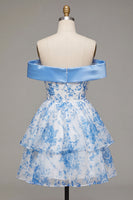 Laden Sie das Bild in den Galerie-Viewer, Blaues A-Linien-Off-the-shoulder florales Homecoming-Kleid mit Schleife
