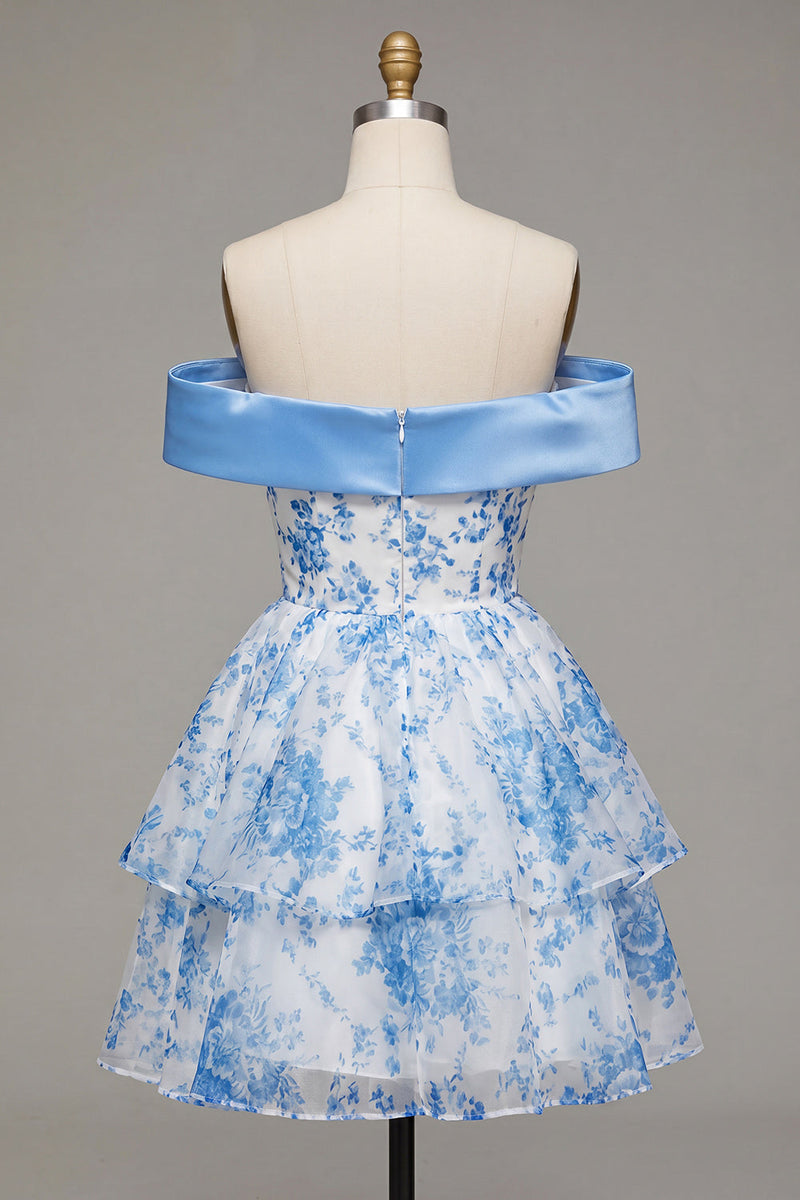 Laden Sie das Bild in den Galerie-Viewer, Blaues A-Linien-Off-the-shoulder florales Homecoming-Kleid mit Schleife
