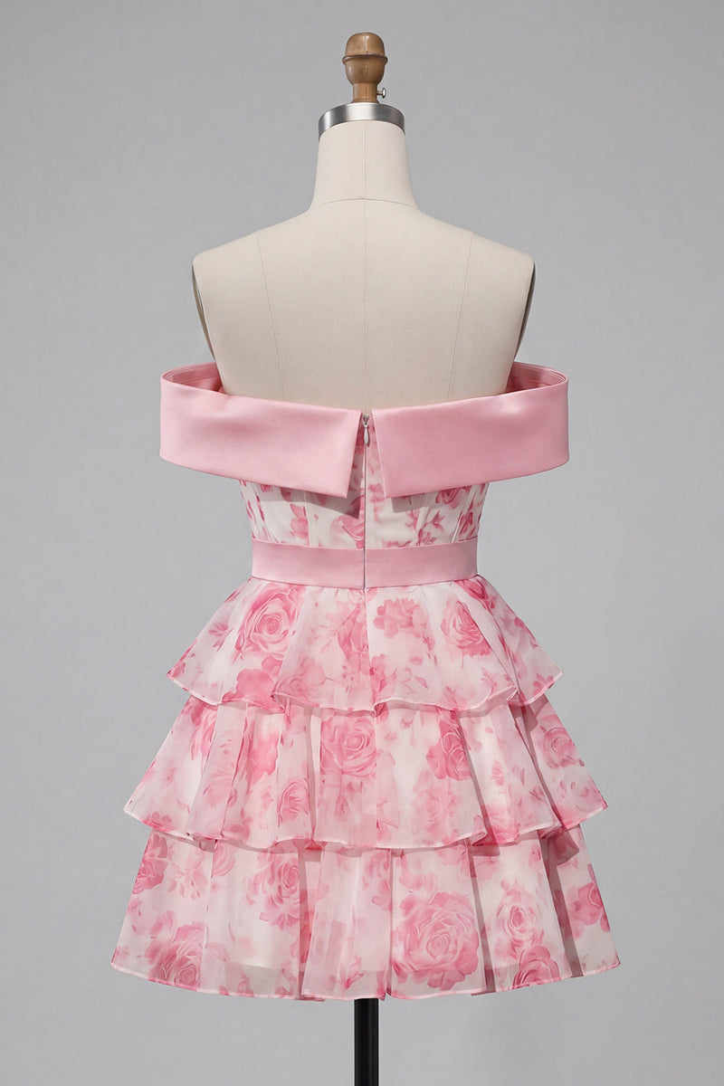 Laden Sie das Bild in den Galerie-Viewer, A-Linie-Off-the-shoulder rosa Korsett, Blumen-Heimkehrkleid mit Schleife