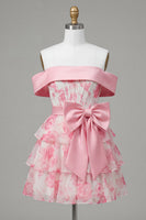 Laden Sie das Bild in den Galerie-Viewer, A-Linie-Off-the-shoulder rosa Korsett, Blumen-Heimkehrkleid mit Schleife