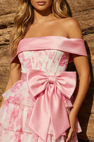 Laden Sie das Bild in den Galerie-Viewer, A-Linie-Off-the-shoulder rosa Korsett, Blumen-Heimkehrkleid mit Schleife