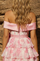 Laden Sie das Bild in den Galerie-Viewer, A-Linie-Off-the-shoulder rosa Korsett, Blumen-Heimkehrkleid mit Schleife