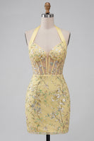Laden Sie das Bild in den Galerie-Viewer, Gelbes, transparentes Korsett, Neckholder-Neckholder-Bodycon Blumen-Homecoming-Kleid mit Pailletten