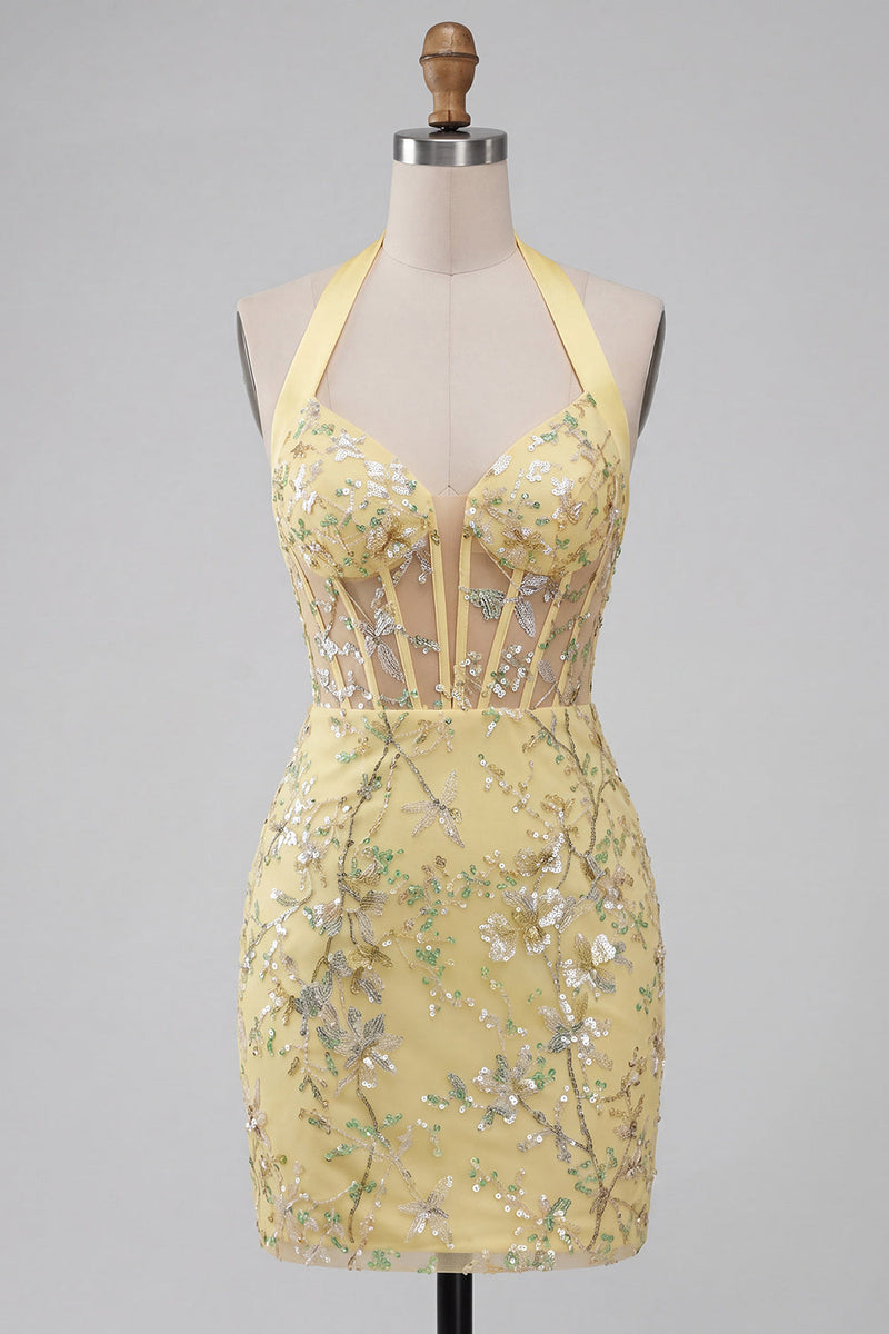 Laden Sie das Bild in den Galerie-Viewer, Gelbes, transparentes Korsett, Neckholder-Neckholder-Bodycon Blumen-Homecoming-Kleid mit Pailletten