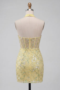 Gelbes, transparentes Korsett, Neckholder-Neckholder-Bodycon Blumen-Homecoming-Kleid mit Pailletten