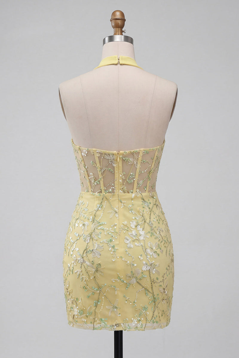 Laden Sie das Bild in den Galerie-Viewer, Gelbes, transparentes Korsett, Neckholder-Neckholder-Bodycon Blumen-Homecoming-Kleid mit Pailletten