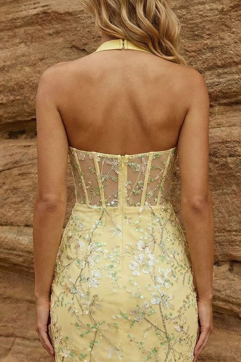 Laden Sie das Bild in den Galerie-Viewer, Gelbes, transparentes Korsett, Neckholder-Neckholder-Bodycon Blumen-Homecoming-Kleid mit Pailletten