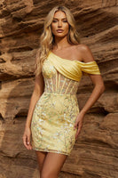 Laden Sie das Bild in den Galerie-Viewer, Ein schultergestütztes, gelbes, transparentes Korsett-Blumenkleid mit Pailletten