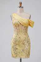 Laden Sie das Bild in den Galerie-Viewer, Ein schultergestütztes, gelbes, transparentes Korsett-Blumenkleid mit Pailletten