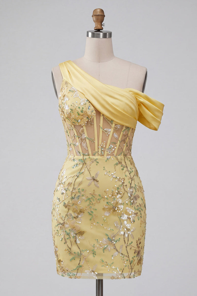Laden Sie das Bild in den Galerie-Viewer, Ein schultergestütztes, gelbes, transparentes Korsett-Blumenkleid mit Pailletten