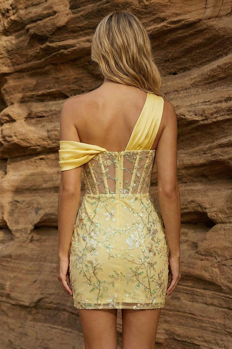 Laden Sie das Bild in den Galerie-Viewer, Ein schultergestütztes, gelbes, transparentes Korsett-Blumenkleid mit Pailletten