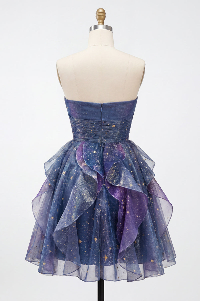 Laden Sie das Bild in den Galerie-Viewer, Staubiges blaues Sweetheart A-Line Homecoming-Kleid mit Rüschen