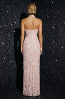 Laden Sie das Bild in den Galerie-Viewer, Rosa Appliquiertes Neckholder Korsett Scheide Langes Abendkleid mit Schlitz