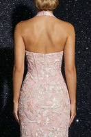 Laden Sie das Bild in den Galerie-Viewer, Rosa Appliquiertes Neckholder Korsett Scheide Langes Abendkleid mit Schlitz