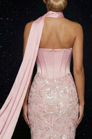 Laden Sie das Bild in den Galerie-Viewer, Rosa Stickerei Trägerloses Korsett Scheide Langes Abendkleid mit Schlitz
