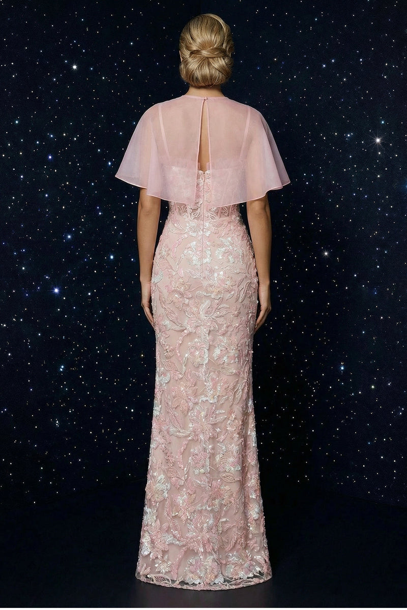 Laden Sie das Bild in den Galerie-Viewer, Rosa Stickerei Spaghettiträger Korsett Scheide Abendkleid mit Schlitz und Umhang