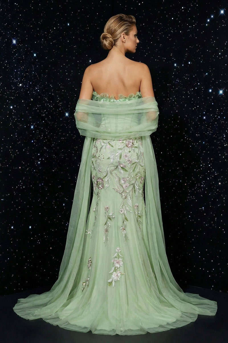 Laden Sie das Bild in den Galerie-Viewer, Grünes Trägerloses Korsett Meerjungfrauen Stickerei Abendkleid mit Schlitz