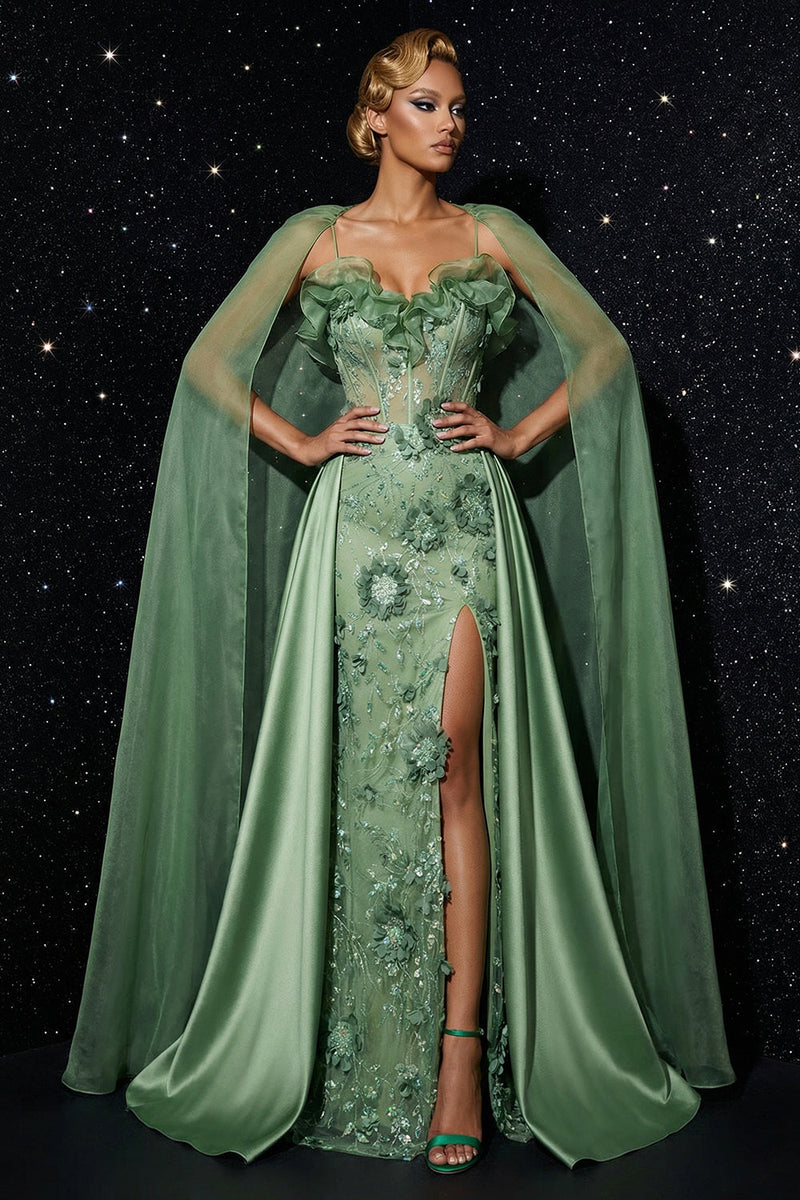 Laden Sie das Bild in den Galerie-Viewer, Grünes Spaghettiträger Korsett Rüschen Meerjungfrauen Abendkleid mit Schlitz