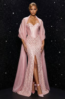 Laden Sie das Bild in den Galerie-Viewer, Glitzerndes Rosa Pailletten Trägerloses Korsett Meerjungfrauen Abendkleid mit Schlitz und Umhang
