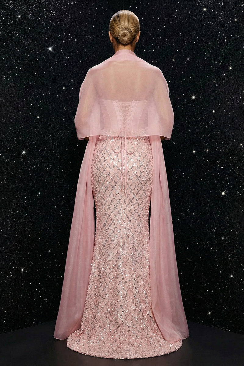Laden Sie das Bild in den Galerie-Viewer, Glitzerndes Rosa Pailletten Trägerloses Korsett Meerjungfrauen Abendkleid mit Schlitz und Umhang