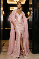 Laden Sie das Bild in den Galerie-Viewer, Glitzerndes Rosa Pailletten Trägerloses Korsett Meerjungfrauen Abendkleid mit Schlitz und Umhang