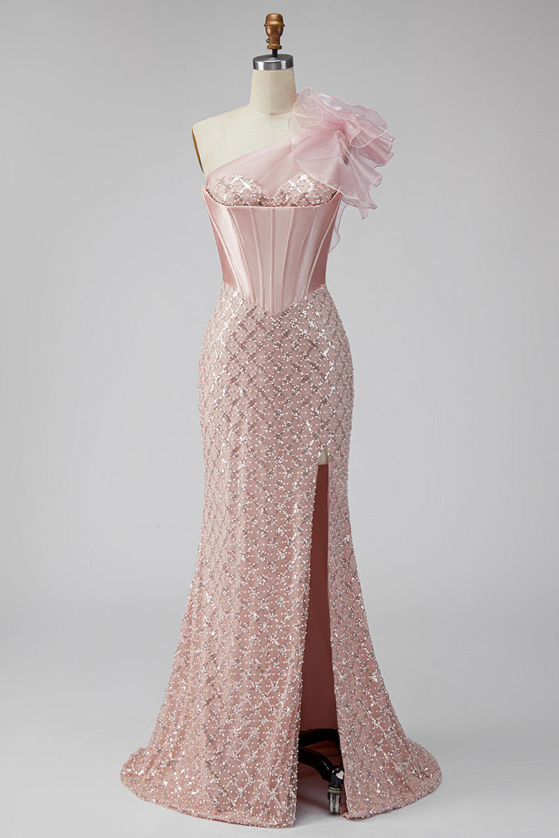 Laden Sie das Bild in den Galerie-Viewer, Rosa Satin Meerjungfrauen Pailletten Perlen Einschulter Korsett Langes Abschlussballkleid mit Schlitz