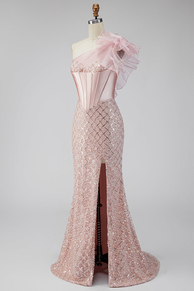 Laden Sie das Bild in den Galerie-Viewer, Rosa Satin Meerjungfrauen Pailletten Perlen Einschulter Korsett Langes Abschlussballkleid mit Schlitz
