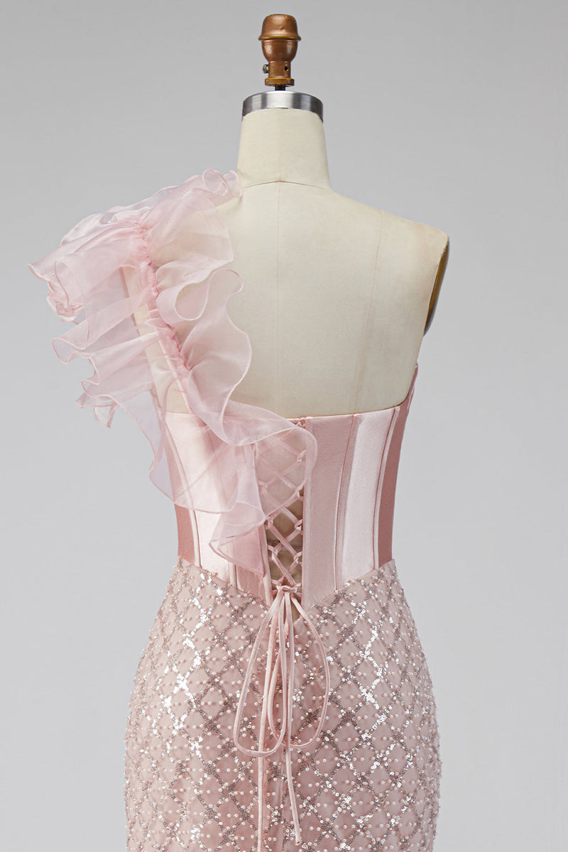 Laden Sie das Bild in den Galerie-Viewer, Rosa Satin Meerjungfrauen Pailletten Perlen Einschulter Korsett Langes Abschlussballkleid mit Schlitz
