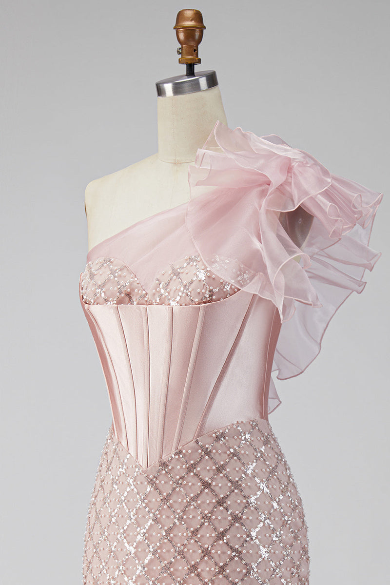 Laden Sie das Bild in den Galerie-Viewer, Rosa Satin Meerjungfrauen Pailletten Perlen Einschulter Korsett Langes Abschlussballkleid mit Schlitz