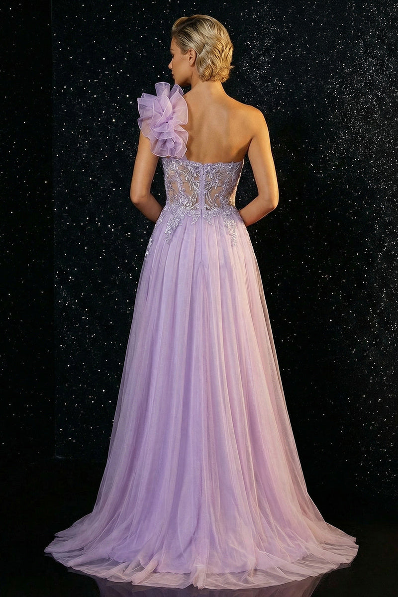 Laden Sie das Bild in den Galerie-Viewer, Glitzerndes Lila Applikiertes Einschulter Meerjungfrauen Abendkleid mit Schlitz