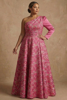 Ein Schulter Fuchsia Blumen A-Linie Langes Mutter der Braut Kleid