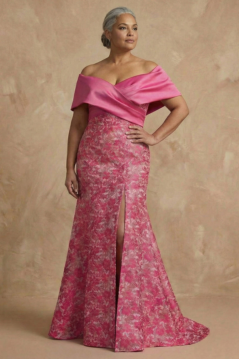 Laden Sie das Bild in den Galerie-Viewer, Fuchsia Blumen Schulterfreies Meerjungfrau Langes Mutter der Braut Kleid mit Schlitz