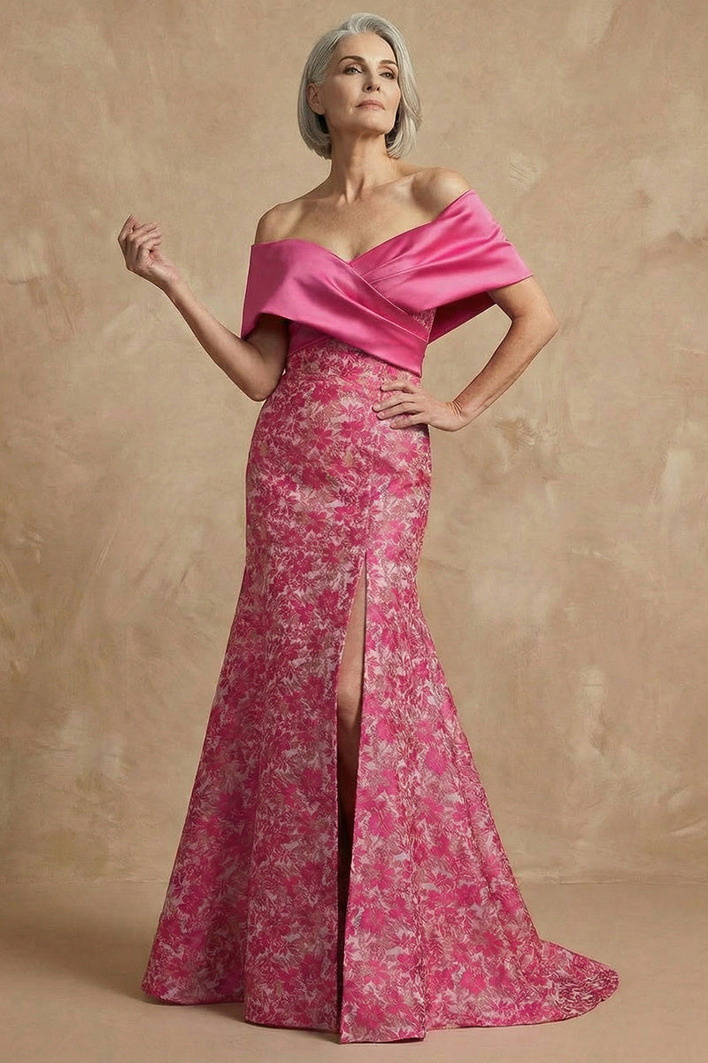 Laden Sie das Bild in den Galerie-Viewer, Fuchsia Blumen Schulterfreies Meerjungfrau Langes Mutter der Braut Kleid mit Schlitz