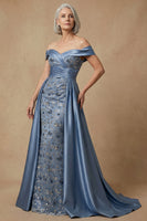 Laden Sie das Bild in den Galerie-Viewer, Schulterfreies Staubiges Blaues Pailletten Kleid der Mutter der Braut