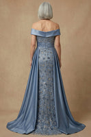 Laden Sie das Bild in den Galerie-Viewer, Schulterfreies Staubiges Blaues Pailletten Kleid der Mutter der Braut