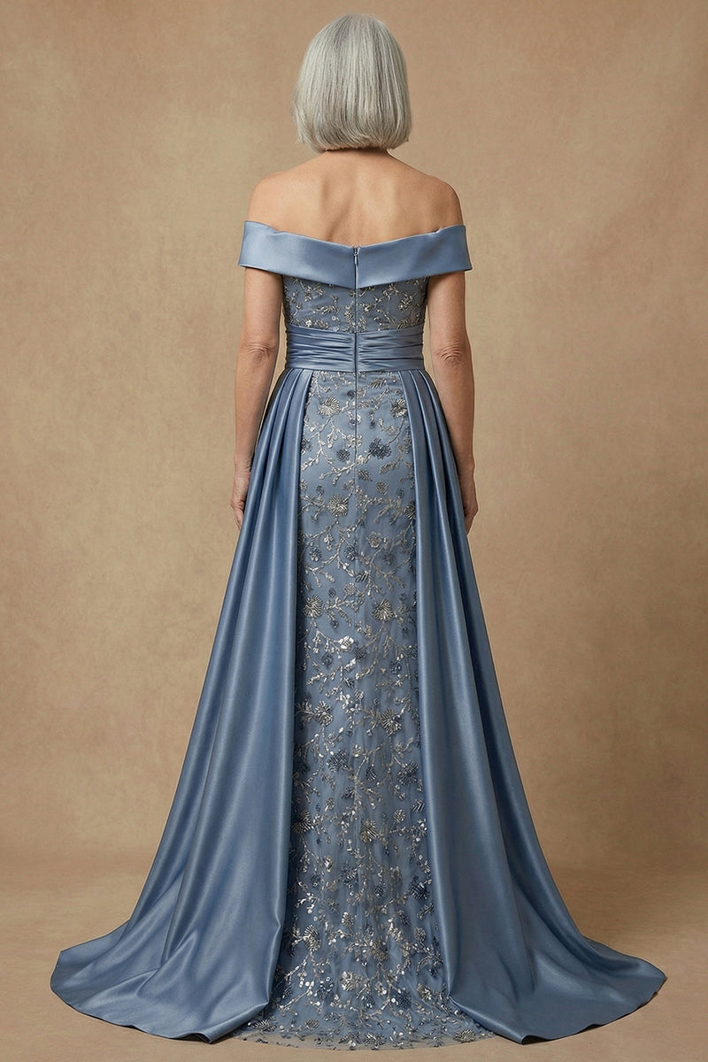 Laden Sie das Bild in den Galerie-Viewer, Schulterfreies Staubiges Blaues Pailletten Kleid der Mutter der Braut