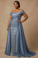 Laden Sie das Bild in den Galerie-Viewer, Schulterfreies Staubiges Blaues Pailletten Kleid der Mutter der Braut