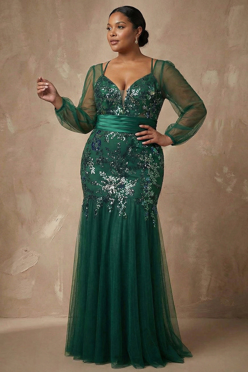 Laden Sie das Bild in den Galerie-Viewer, Dunkelgrüne Pailletten Meerjungfrau Langarmlige Mutter der Braut Kleid
