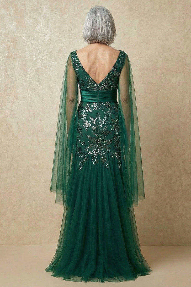 Laden Sie das Bild in den Galerie-Viewer, Glitzerndes Meerjungfrau Dunkelgrünes Pailletten Mutter der Braut Kleid mit Umhangärmeln