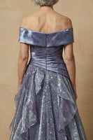 Laden Sie das Bild in den Galerie-Viewer, Staubiges Blaues Schulterloses Rüschen Muster A-Linie Langes Mutter der Braut Kleid