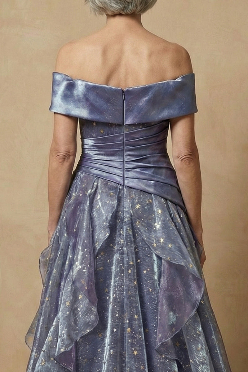 Laden Sie das Bild in den Galerie-Viewer, Staubiges Blaues Schulterloses Rüschen Muster A-Linie Langes Mutter der Braut Kleid